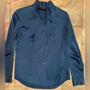Vintage The Row, silk neck tie blouse, marine blue, size 6, fitted.